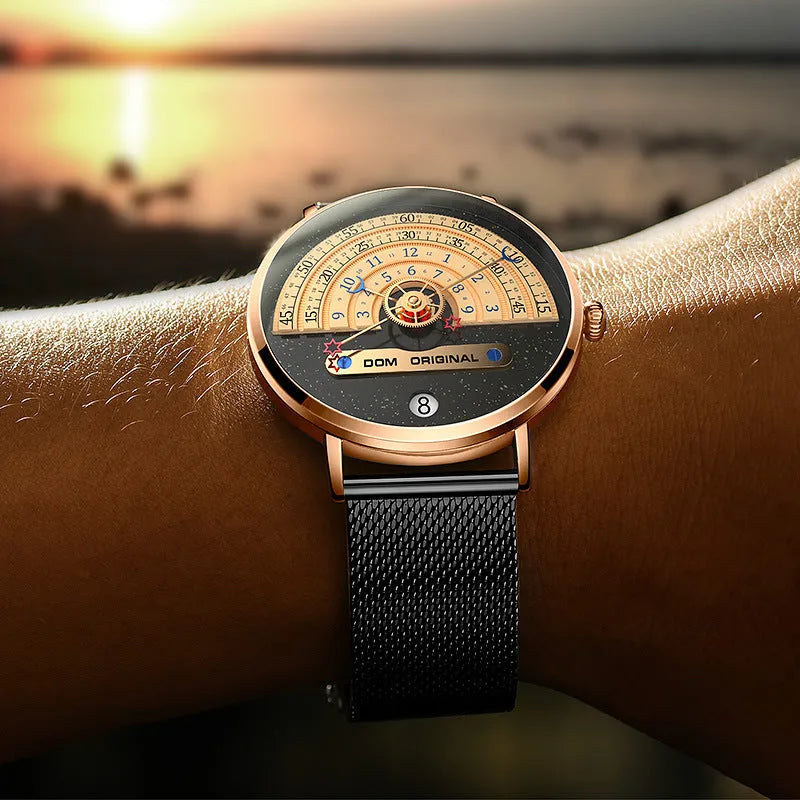 M-1288 men's sport watch with round 40mm dial, alloy case, and choice of stainless steel or leather strap.