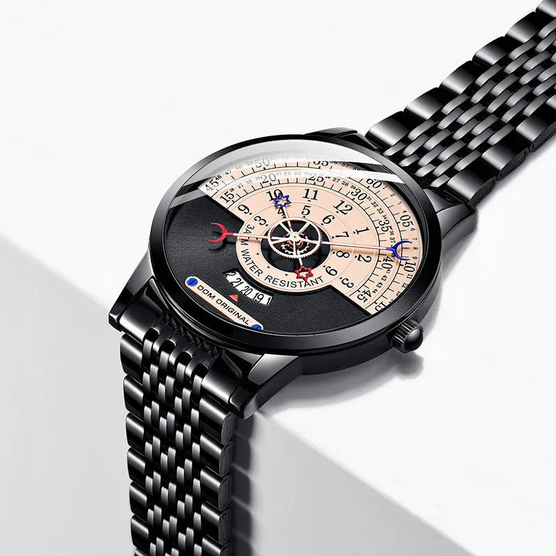 M-1288 men's sport watch with round 40mm dial, alloy case, and choice of stainless steel or leather strap.
