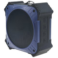 Compact waterproof Bluetooth speaker in black or blue with wrist strap and dual speakers