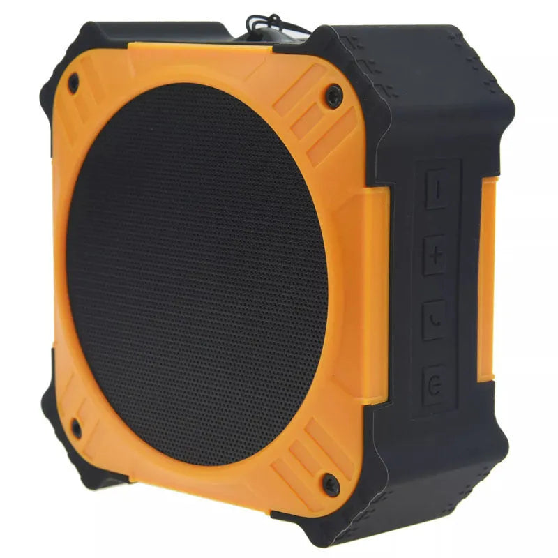 Compact waterproof Bluetooth speaker in black or blue with wrist strap and dual speakers