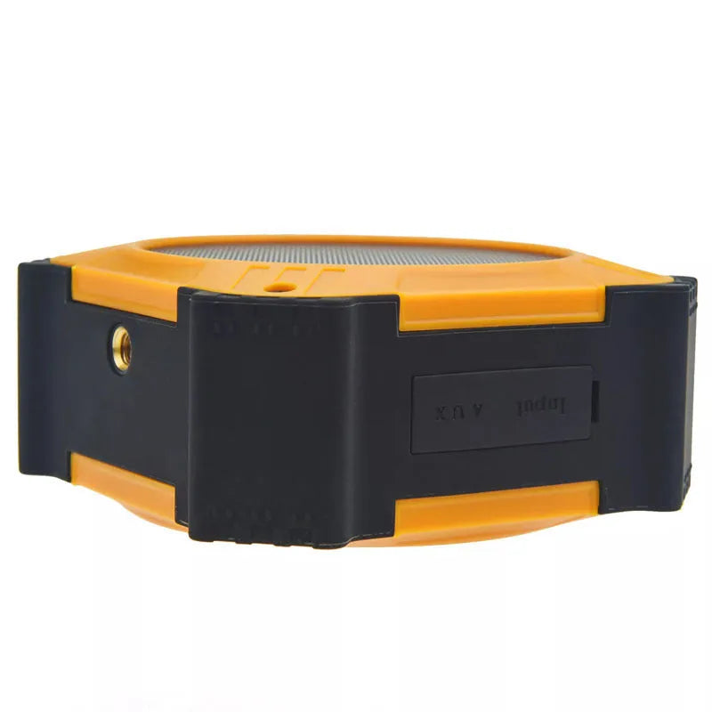 Compact waterproof Bluetooth speaker in black or blue with wrist strap and dual speakers