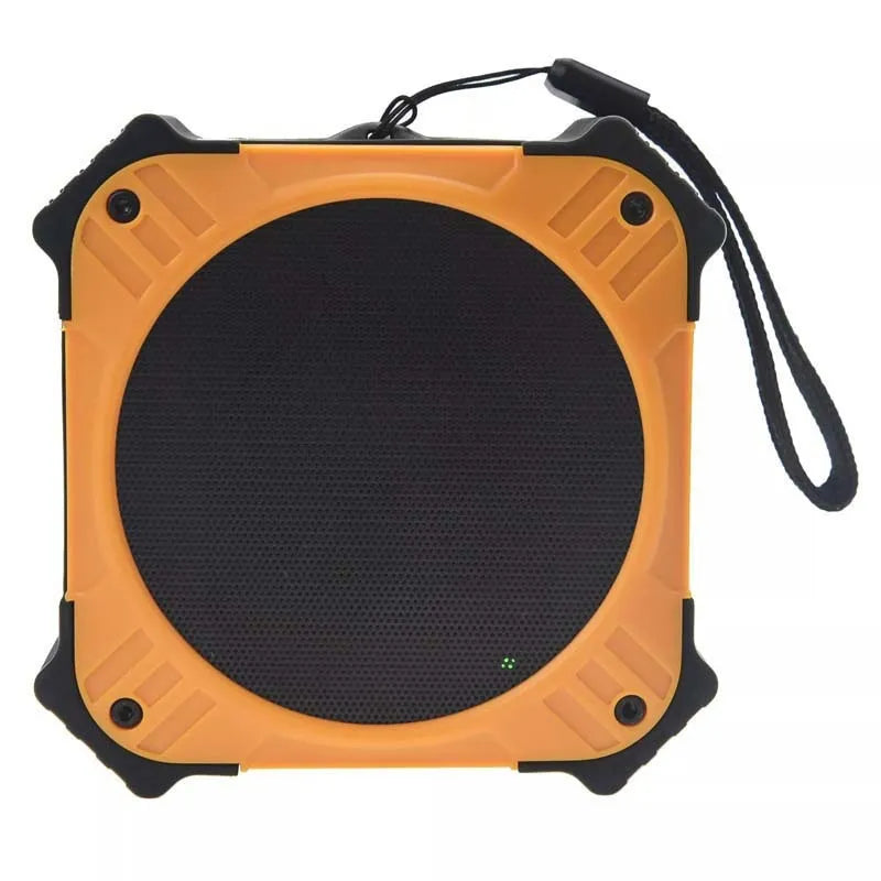 Compact waterproof Bluetooth speaker in black or blue with wrist strap and dual speakers