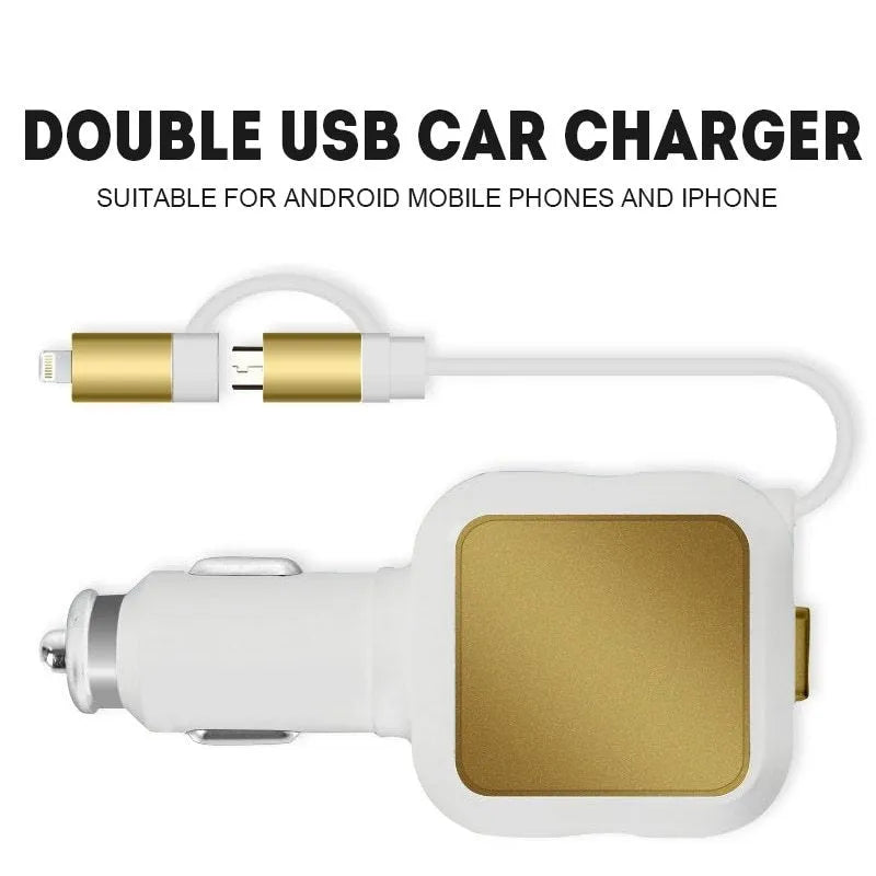Black and gold dual USB car charger with retractable cable plugged into a car dashboard