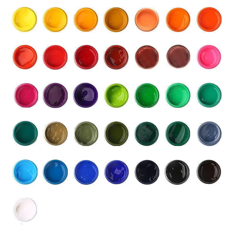 Bottles of beginner gouache paint in black, blue, red, yellow, orange, purple, sky blue, and dark blue.