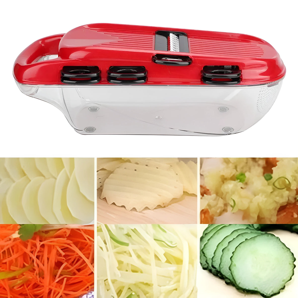 Red multi-function vegetable cutter set with seven stainless steel blades and a hand guard.