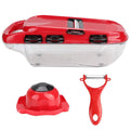 Red multi-function vegetable cutter set with seven stainless steel blades and a hand guard.