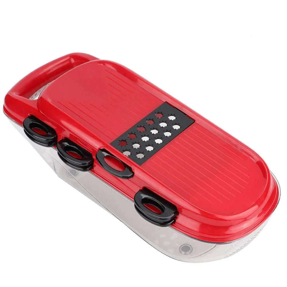 Red multi-function vegetable cutter set with seven stainless steel blades and a hand guard.