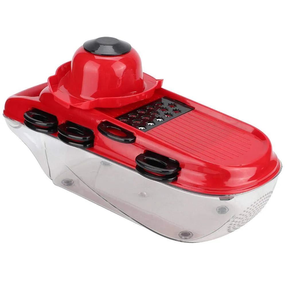 Red multi-function vegetable cutter set with seven stainless steel blades and a hand guard.