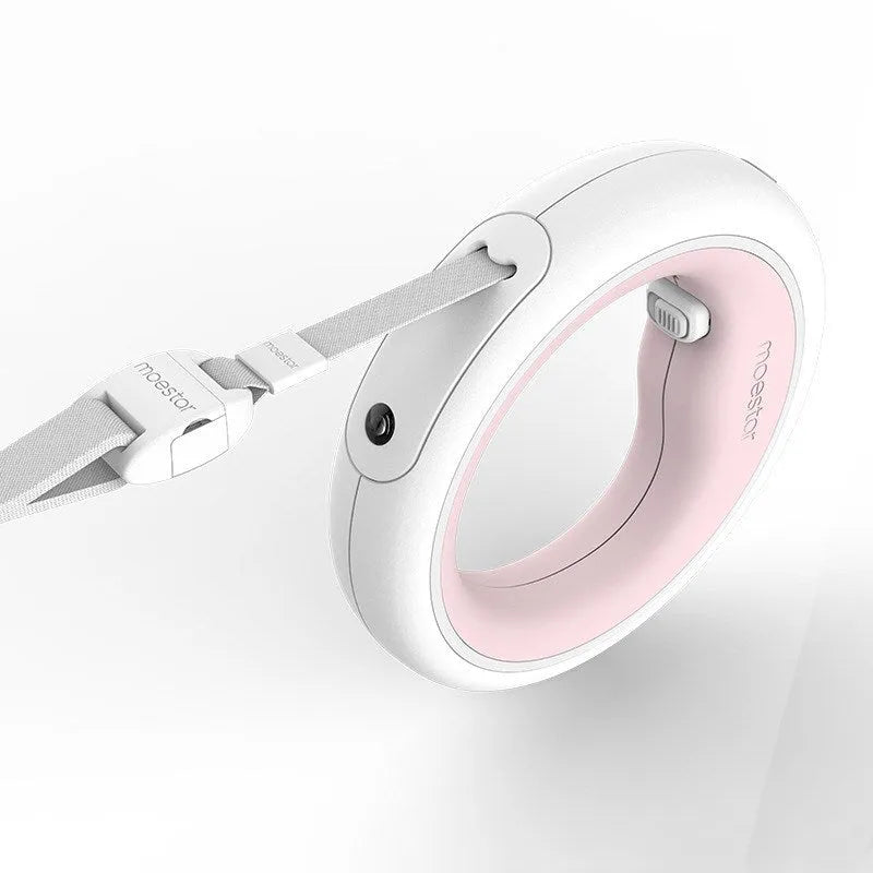 Retractable ABS dog leash with chain and collar attachment in cherry pink or neutral grey