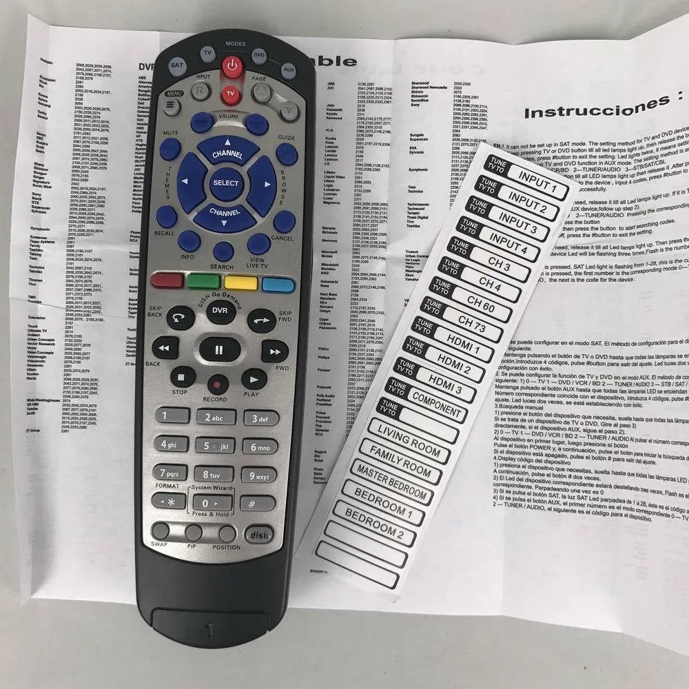 Flat black universal remote control for DISH Network and SAT VIP TV DVD devices.