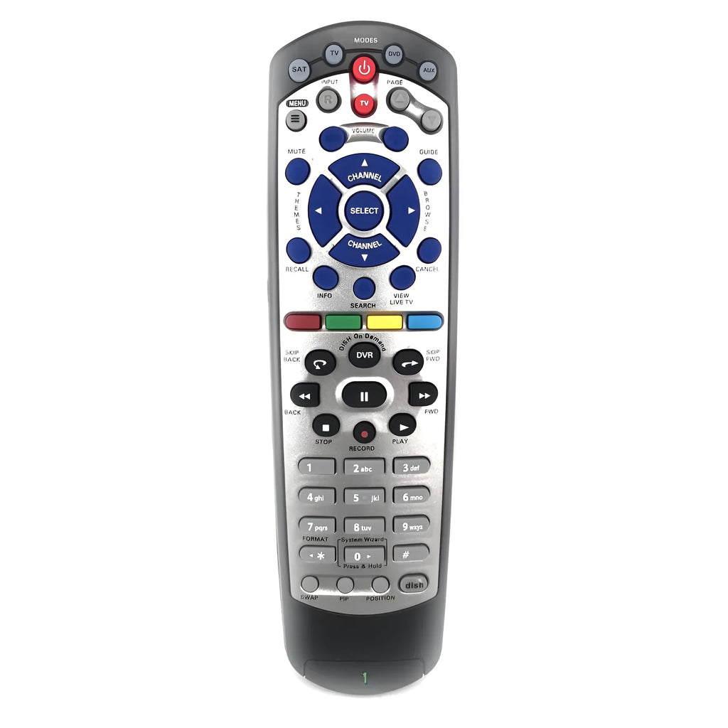 Flat black universal remote control for DISH Network and SAT VIP TV DVD devices.