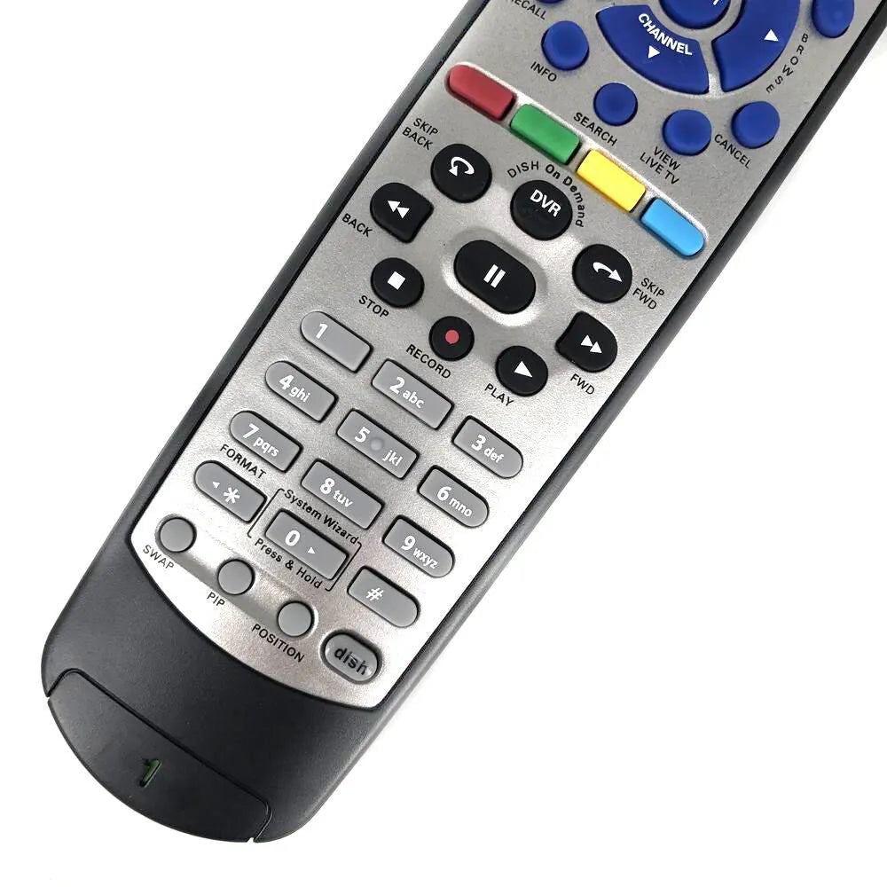 Flat black universal remote control for DISH Network and SAT VIP TV DVD devices.