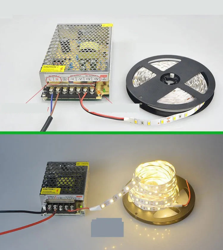 A flexible white LED light strip, 12V, for mounting on retail shelves or counters.