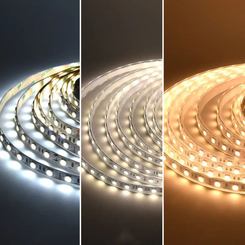 A flexible white LED light strip, 12V, for mounting on retail shelves or counters.