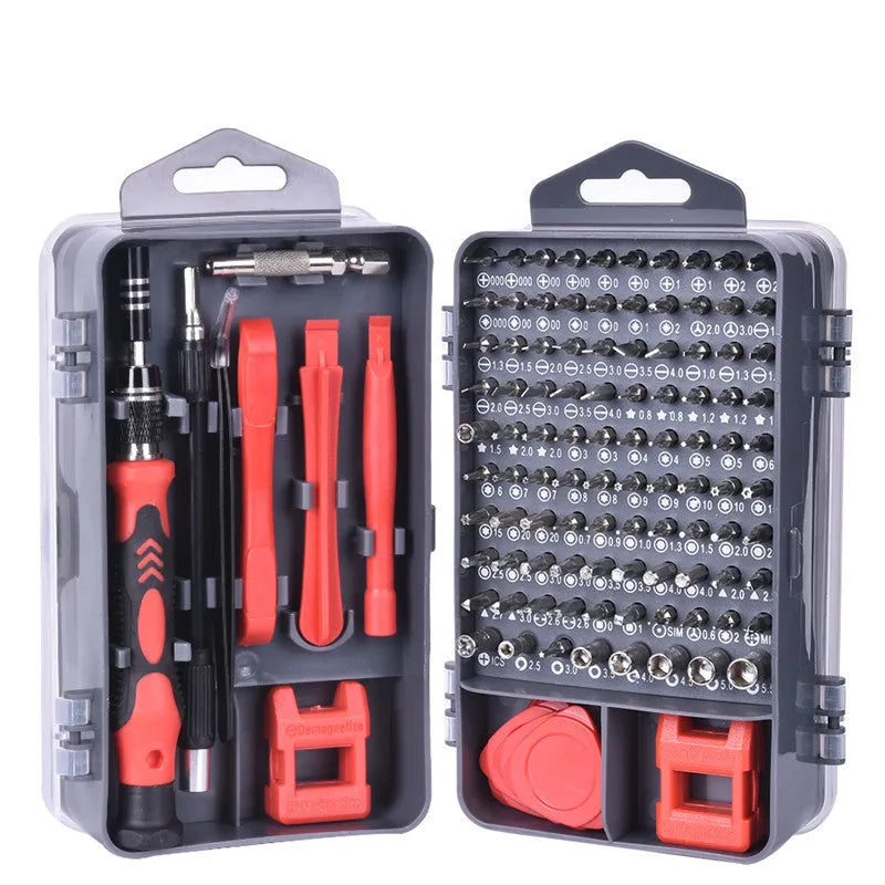 117-piece electronics screwdriver set with magnetic bits and flexible extension in storage box