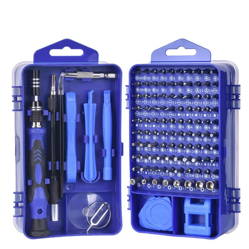 117-piece electronics screwdriver set with magnetic bits and flexible extension in storage box