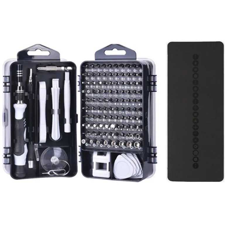 117-piece electronics screwdriver set with magnetic bits and flexible extension in storage box