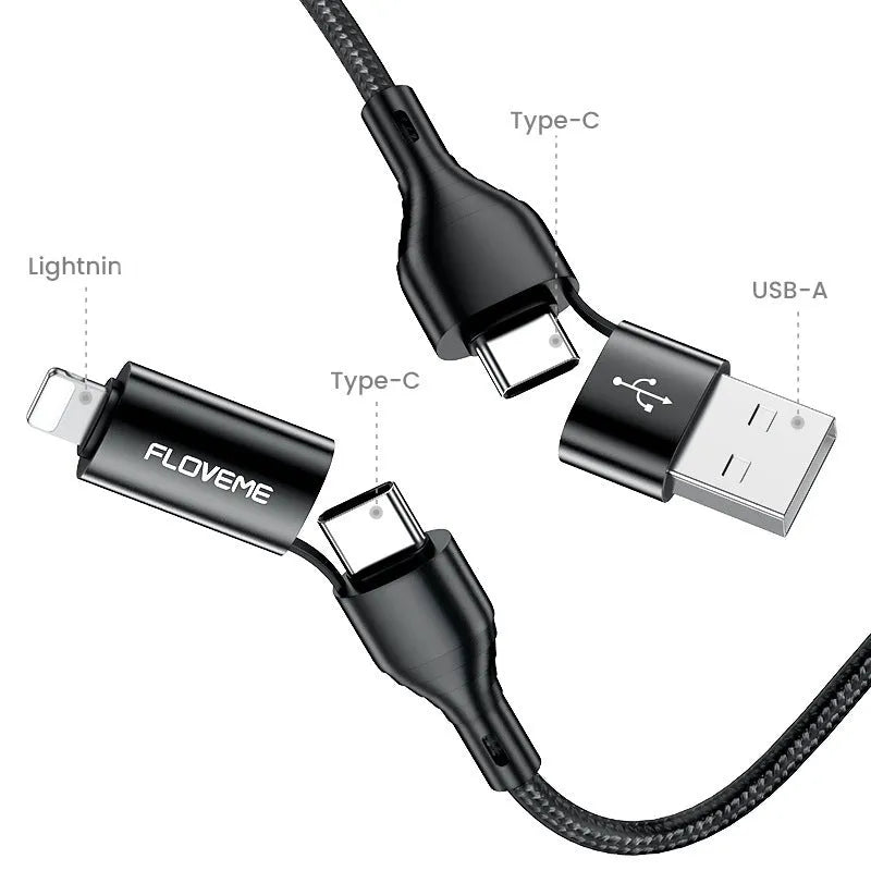 Black braided 4-in-1 data cable with USB-C, Lightning, and USB-A connectors