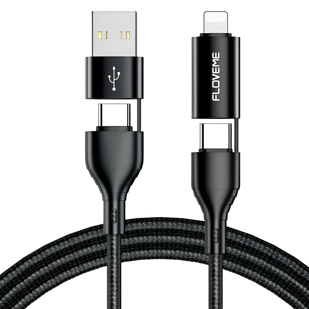 Black braided 4-in-1 data cable with USB-C, Lightning, and USB-A connectors