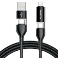Black braided 4-in-1 data cable with USB-C, Lightning, and USB-A connectors