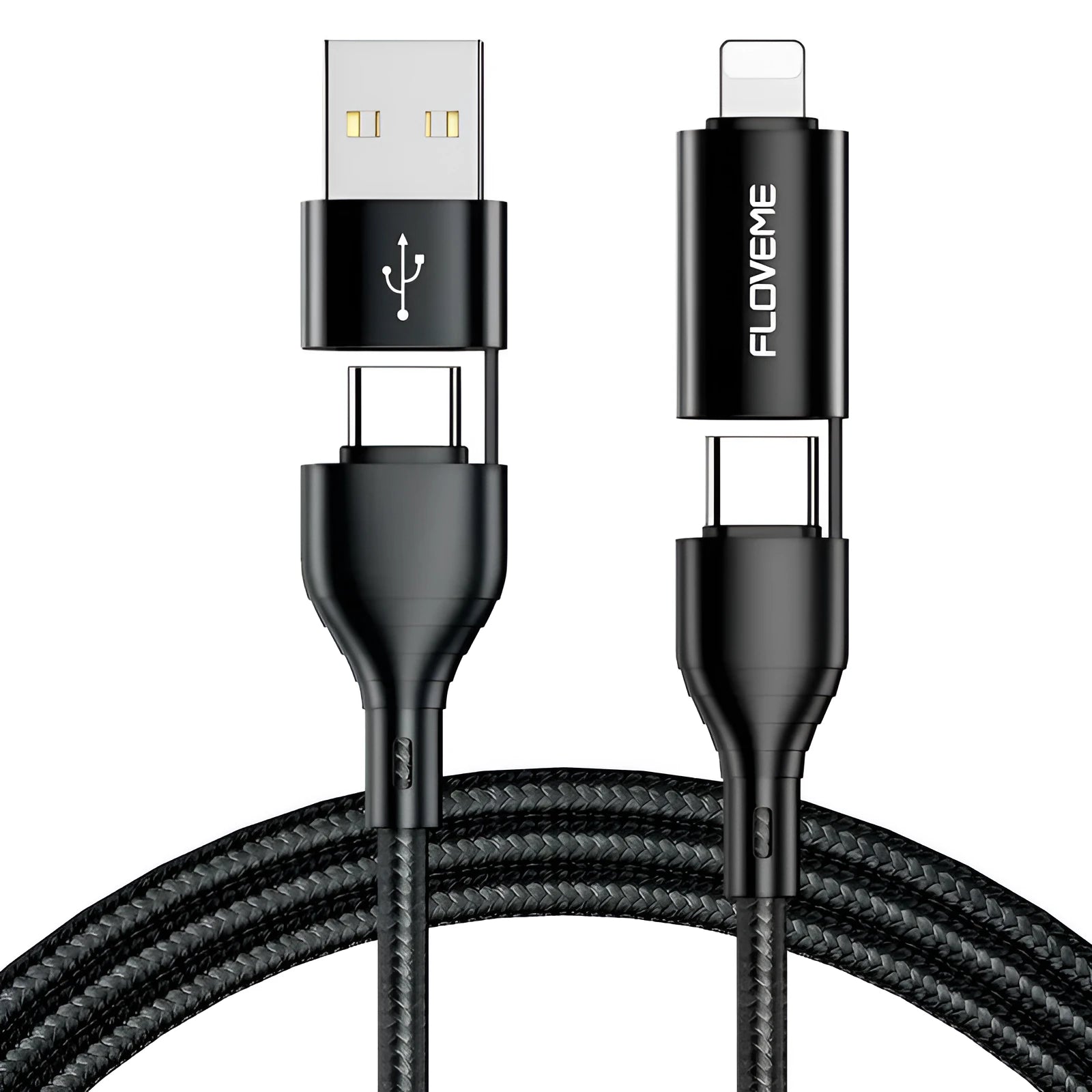 Black braided 4-in-1 data cable with USB-C, Lightning, and USB-A connectors