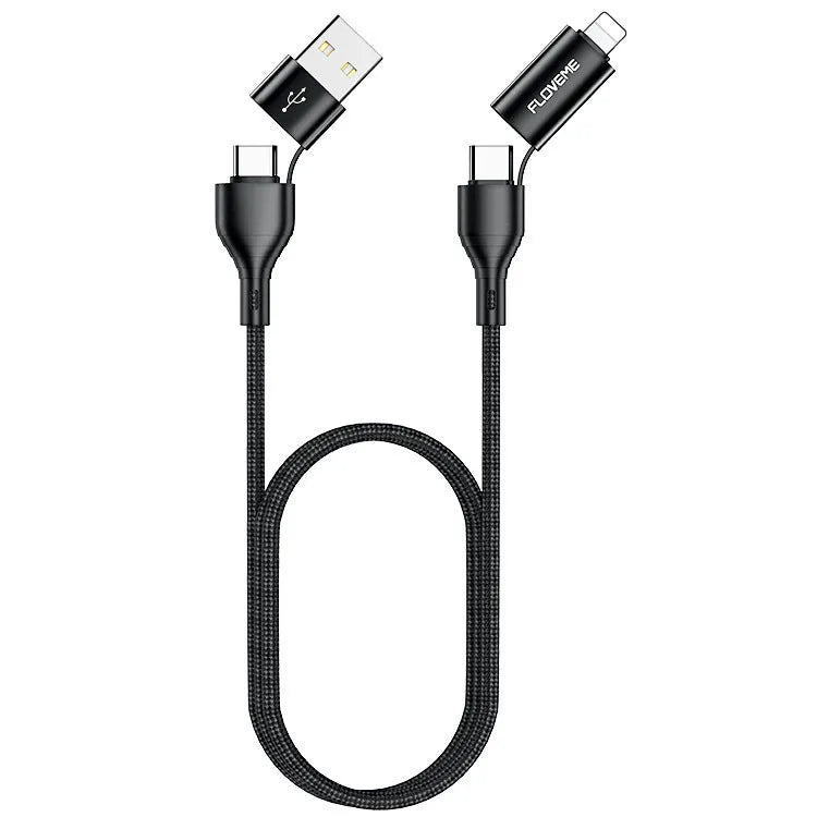 Black braided 4-in-1 data cable with USB-C, Lightning, and USB-A connectors