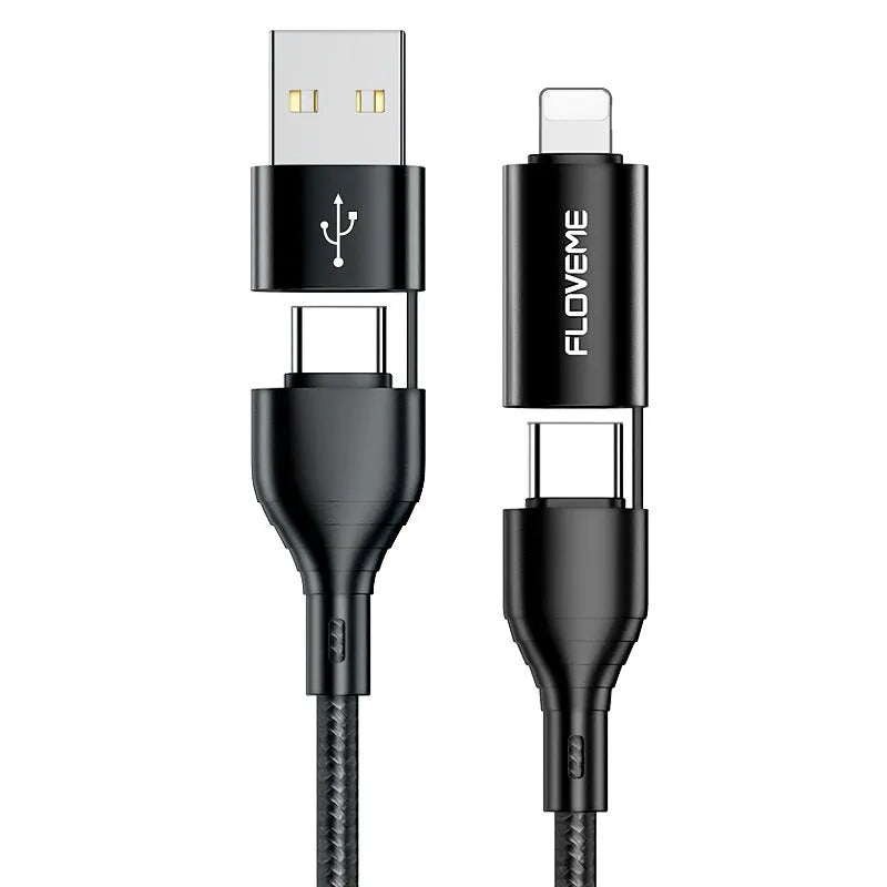 Black braided 4-in-1 data cable with USB-C, Lightning, and USB-A connectors