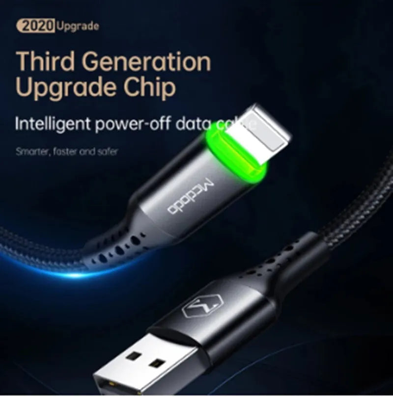 Black iPhone fast charging cable with dual-colour LED lights showing charging status