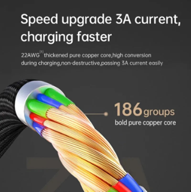 Black iPhone fast charging cable with dual-colour LED lights showing charging status