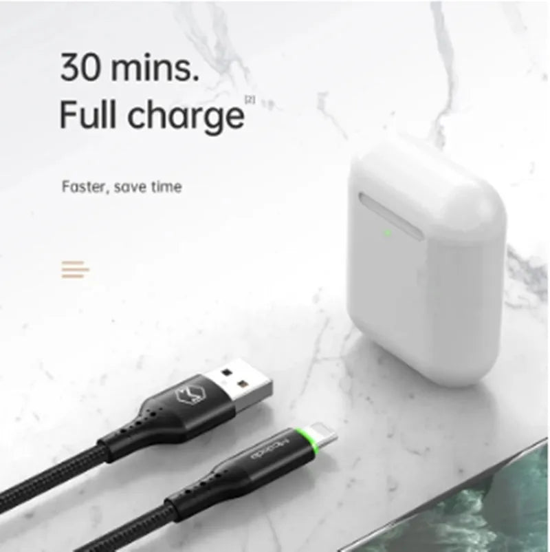 Black iPhone fast charging cable with dual-colour LED lights showing charging status