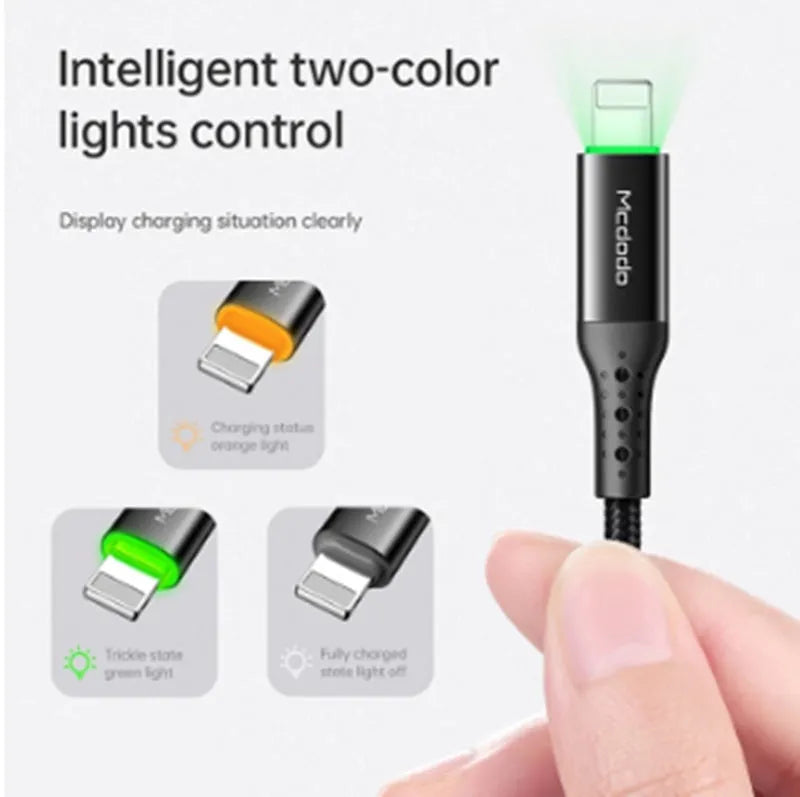 Black iPhone fast charging cable with dual-colour LED lights showing charging status