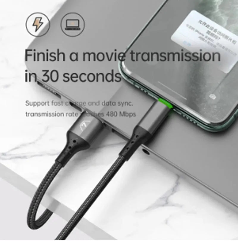 Black iPhone fast charging cable with dual-colour LED lights showing charging status