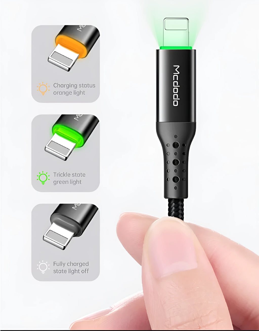 Black iPhone fast charging cable with dual-colour LED lights showing charging status