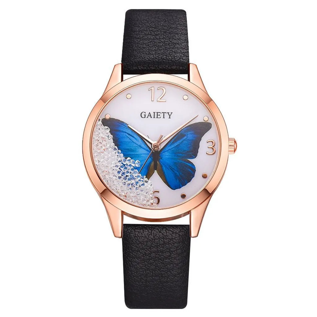 Gaiety women's watch with rhinestone butterfly decoration on a leather strap showing a round 39mm dial
