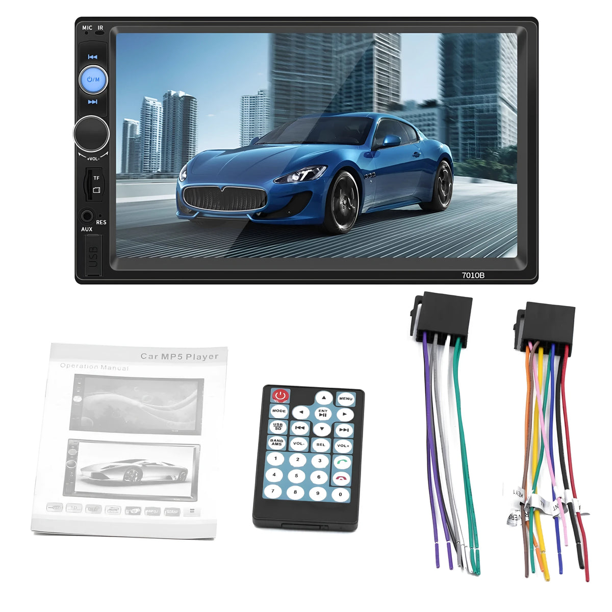 Black 7-inch digital signage player with remote control, supporting SD card and USB playback