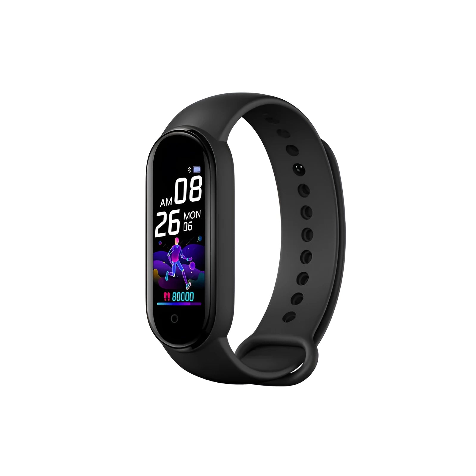 Smart bracelet with touchscreen display showing heart rate and step count data