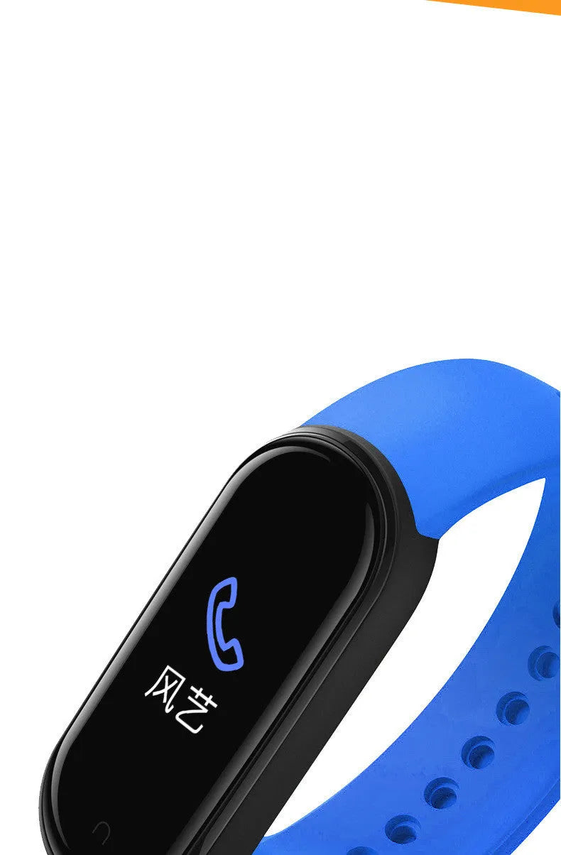 Smart bracelet with touchscreen display showing heart rate and step count data