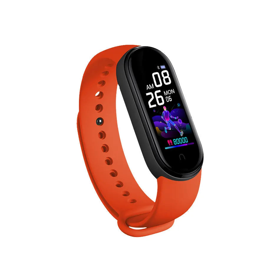 Smart bracelet with touchscreen display showing heart rate and step count data