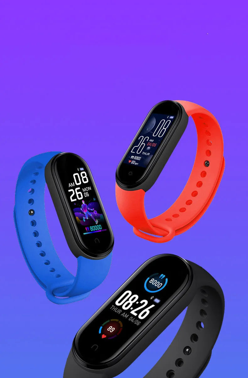 Smart bracelet with touchscreen display showing heart rate and step count data