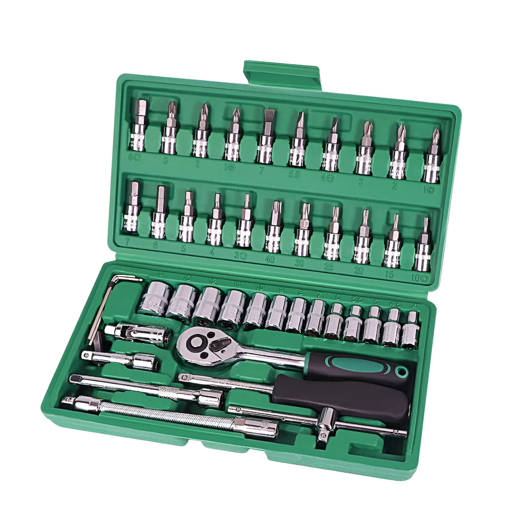 Green plastic case open to show a 46-piece metric car repair tool set including a ratchet, torque wrench, and sockets.