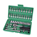 Green plastic case open to show a 46-piece metric car repair tool set including a ratchet, torque wrench, and sockets.