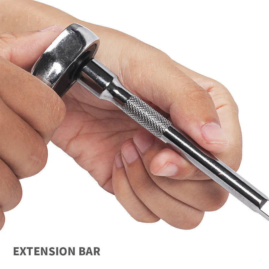 Green plastic case open to show a 46-piece metric car repair tool set including a ratchet, torque wrench, and sockets.