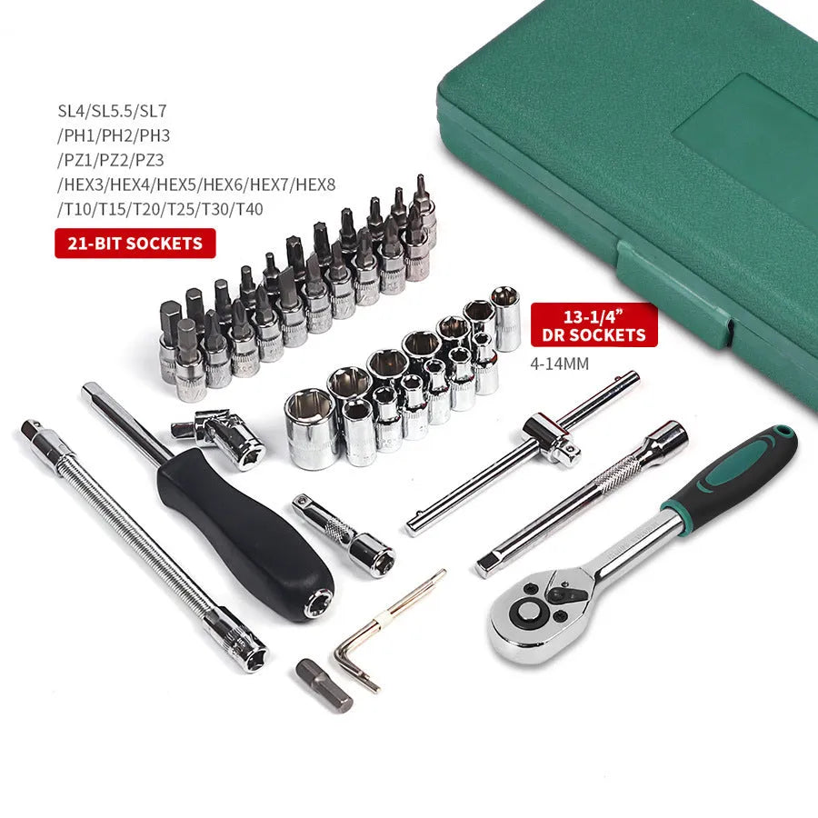 Green plastic case open to show a 46-piece metric car repair tool set including a ratchet, torque wrench, and sockets.