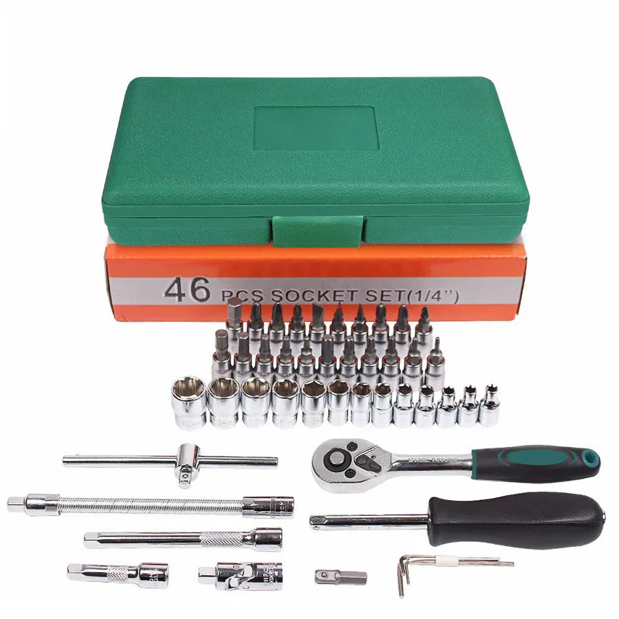 Green plastic case open to show a 46-piece metric car repair tool set including a ratchet, torque wrench, and sockets.