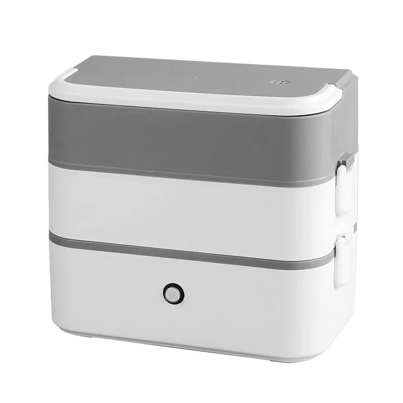 Double-layer portable heated lunch box with stainless steel liner in pink white colour