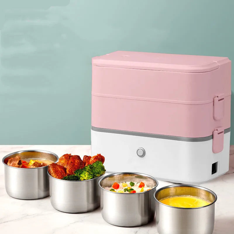 Double-layer portable heated lunch box with stainless steel liner in pink white colour