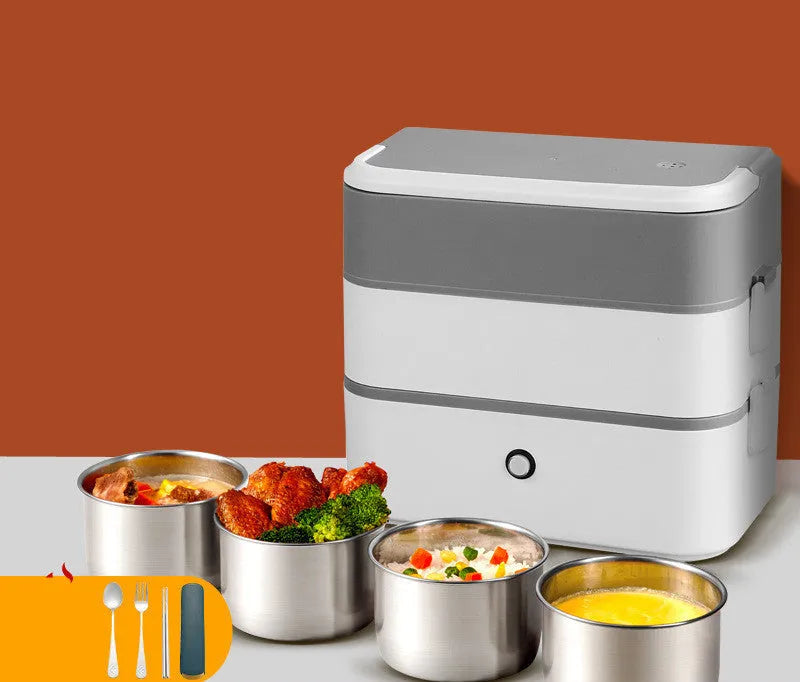 Double-layer portable heated lunch box with stainless steel liner in pink white colour