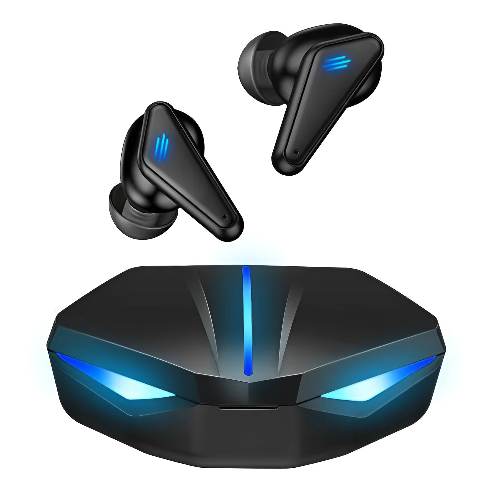 Blue Private Model K55 wireless Bluetooth gaming headset with earplug design.