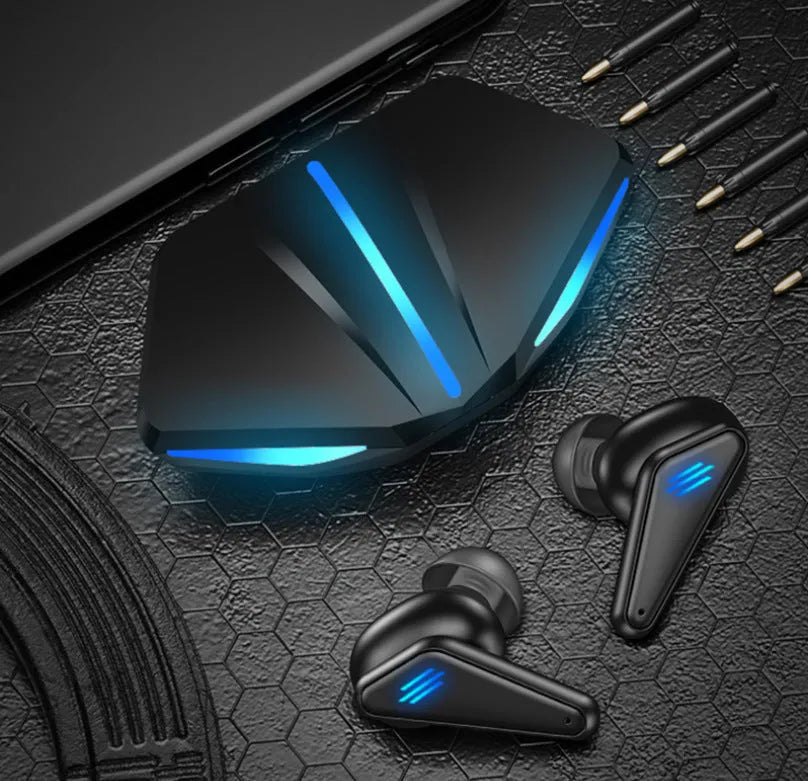 Blue Private Model K55 wireless Bluetooth gaming headset with earplug design.