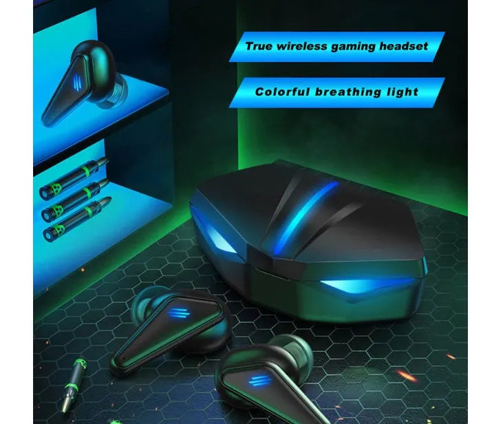 Blue Private Model K55 wireless Bluetooth gaming headset with earplug design.
